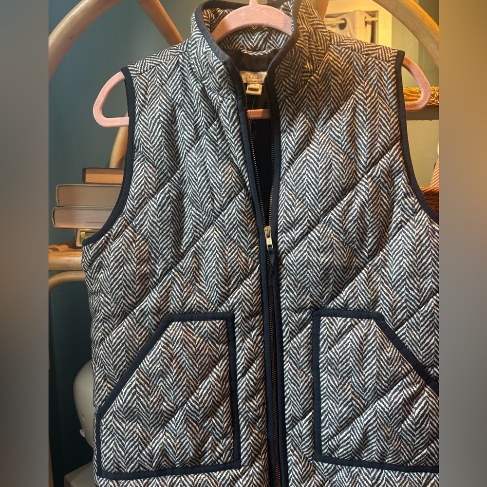 J. Crew Black and White Herringbone Puffer Vest